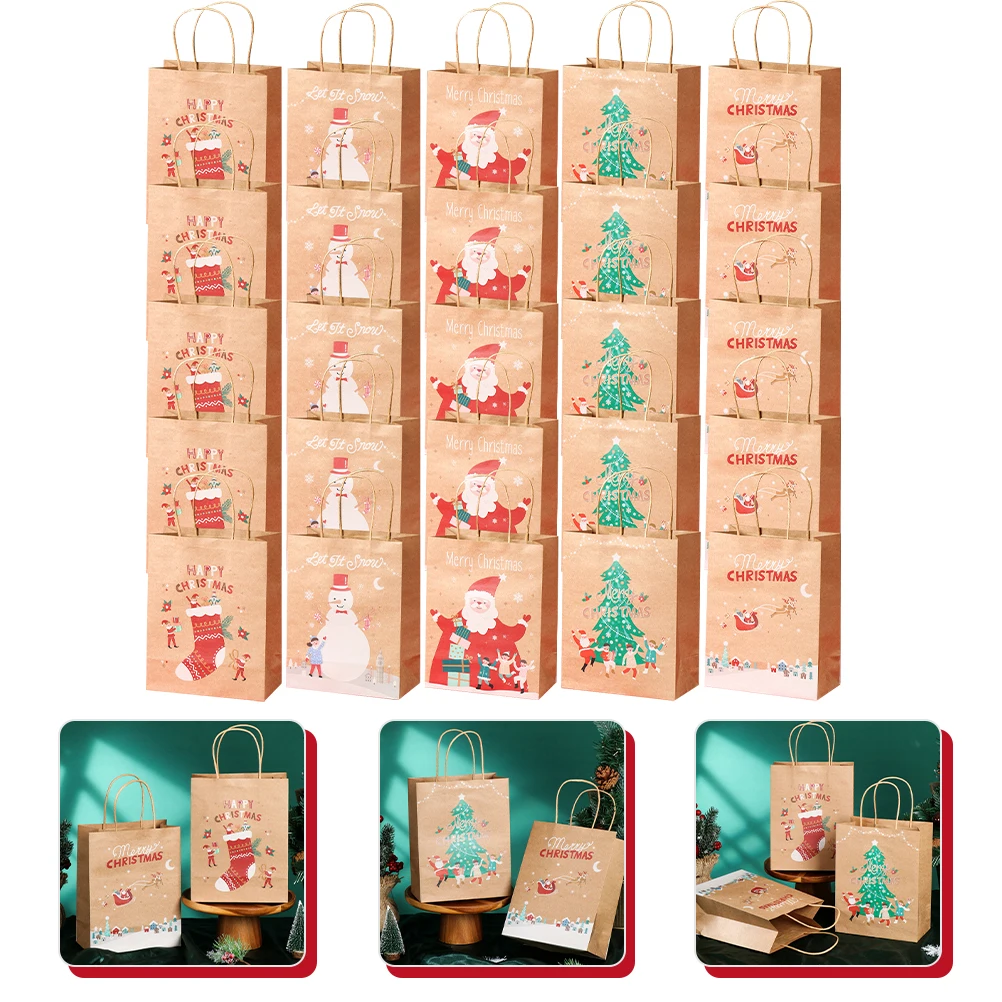 

25Pcs Christmas Gift Packaging Paper Bags Handheld Party Treats Goodies Favors Bags for Candy Snacks Gifts Festival Supplies