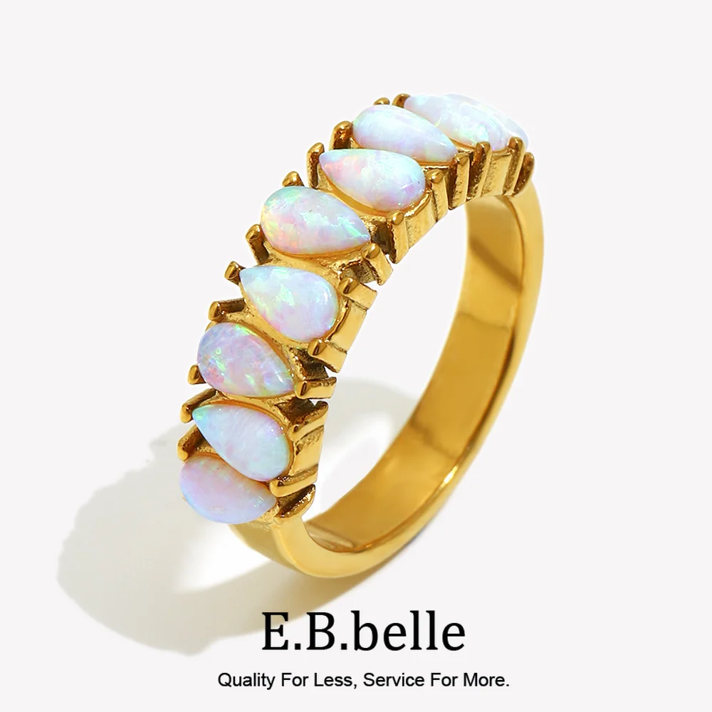 E.B.belle-Anillo de piedra de ópalo azul con una hilera de gotas, chapado en PVD, acero inoxidable 316L, joyería de lujo para fiesta y boda para mujer
