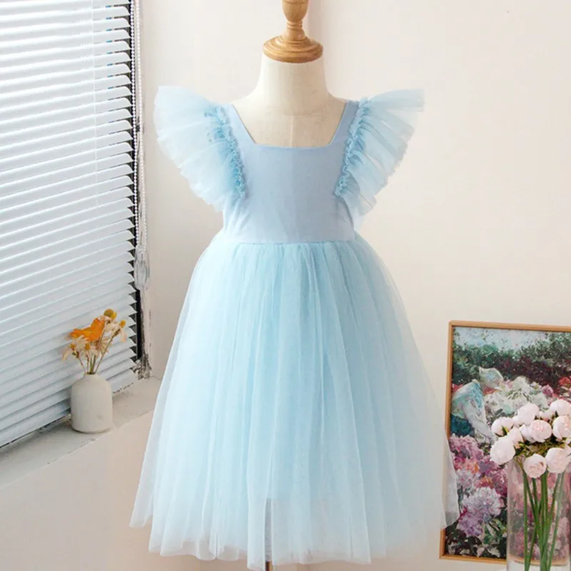 Baby Girl Princess Fly Sleeve Tutu Dress Infant Toddler Vintage Tulle Vestido Pageant Wedding Birthday Party Baby Clothes 1-5Y