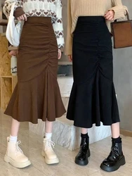 Moda de cintura alta midi saias para mulher 2023 primavera fino ajuste hip sereia saia mulher coreano babados saias marrons 2xl