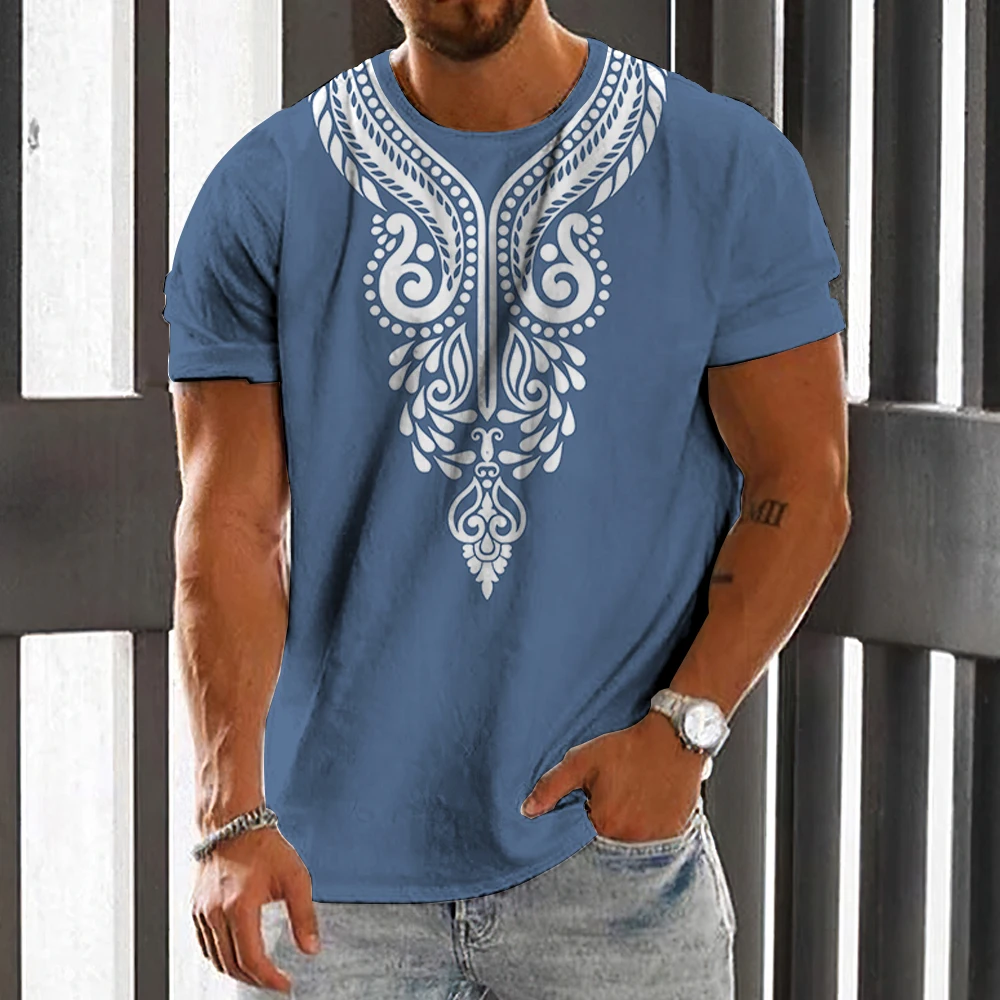 Vintage Men\'s T-shirt Ethnic Print Casual Short Sleeve Summer Round Neck Streetwear Male Loose Sweatshirt Breathable Men Clothes