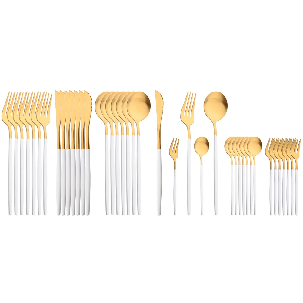 40Pcs White Gold Stainless Steel Cutlery Set Dinner Knife Fork Spoon Tableware Matter Western Flatware Kitchen Dinnerware Set