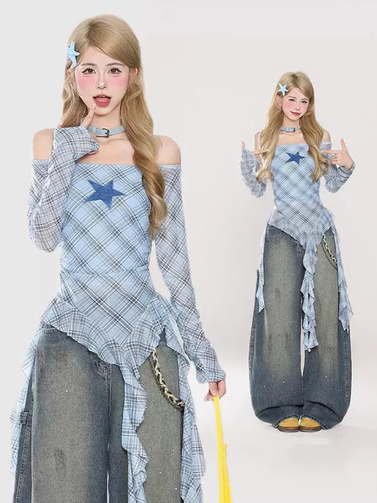 

Sweet And Spicy Girl Long Sleeve T-Shirt Women's New 2026 Blue Waist Cinching One Shoulder Top Korean Style Slim Fit Silk