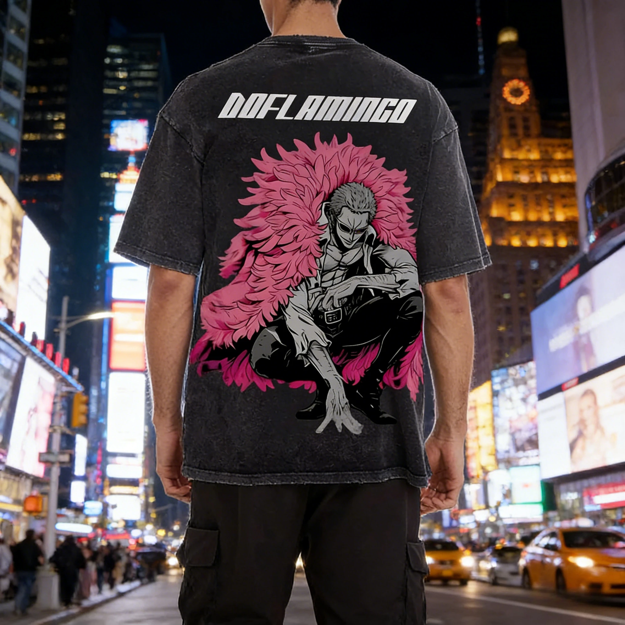 2026 ONE PIECE Doflamingo Flamingo Elements Washed Kurzarm-Retro-T-Shirt Anime Street Style Sommer Herren- und Damenoberteile