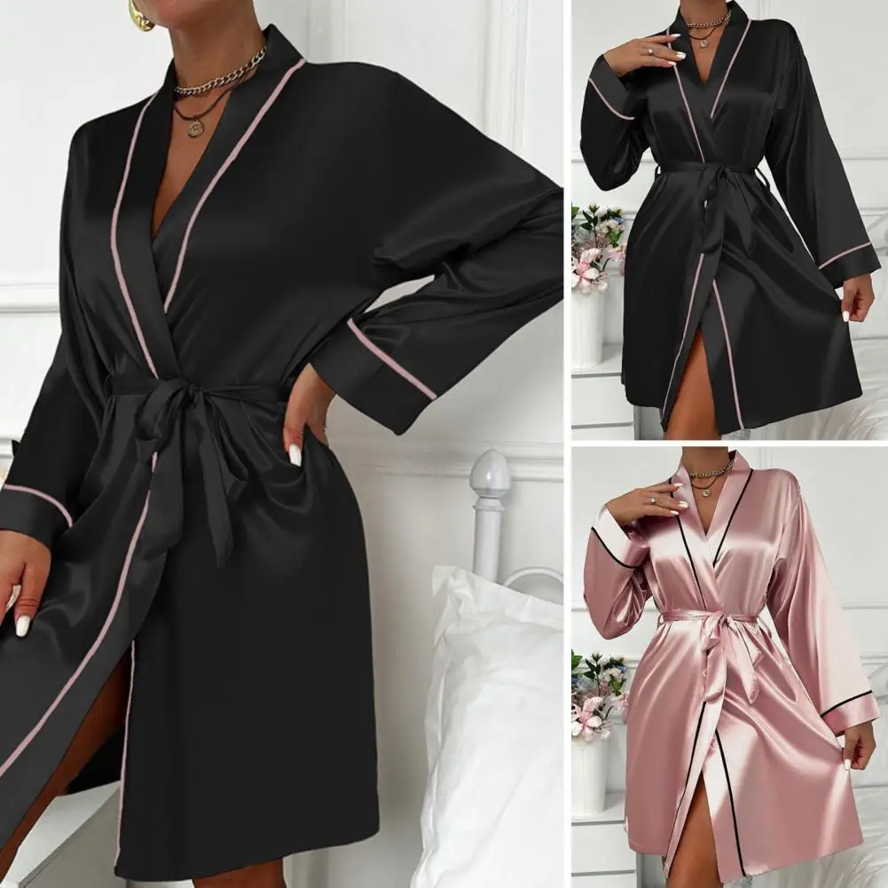 Bridesmaid Morning Robe Women Nightgown Elegant Satin V Neck Nightgown with Adjustable Waist Tie for Women Imitation for Parties