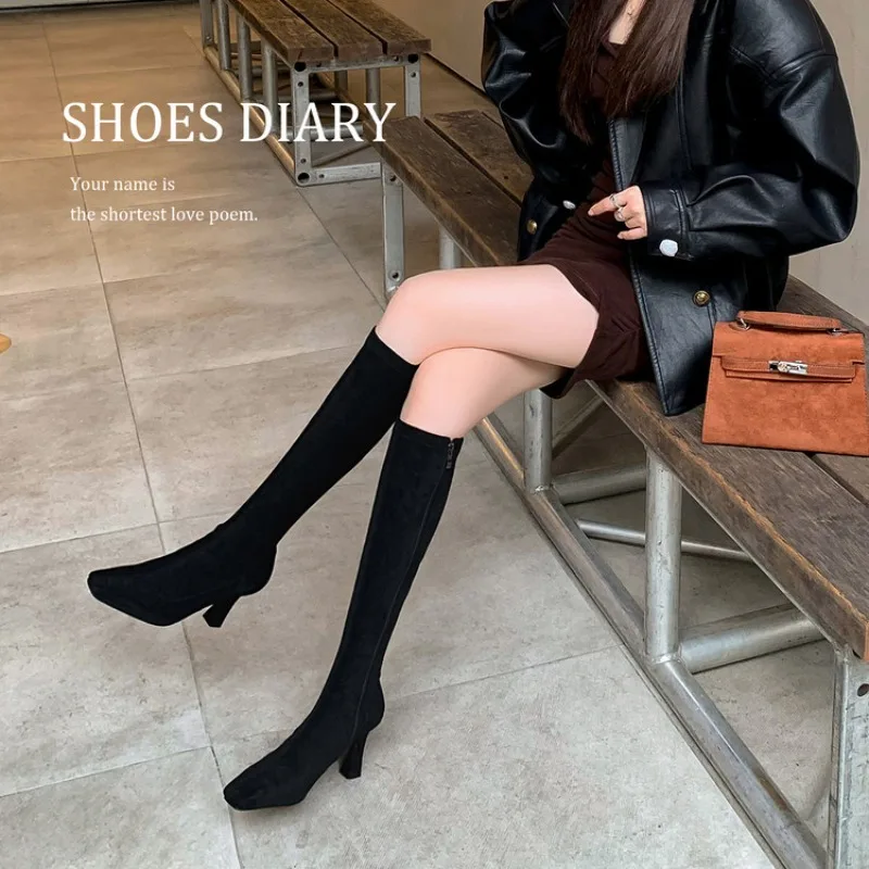 

High Heels Women Long Sock Boots Pointed Toe Fad Suede Shoes 2025 Winter Chelsea Snow Knee Boots Designer Elegant Pumps Zapatos