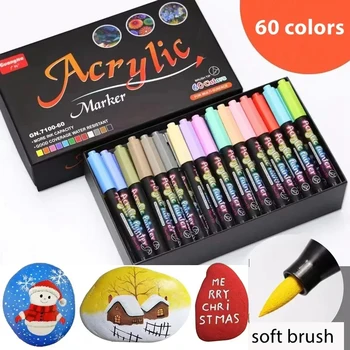 60 Colors Acrylic Paint Pens Markers Permanent Markers for Rock Glass Painting Ceramic Fabric Wood Metal Brush Tip Art Supplies