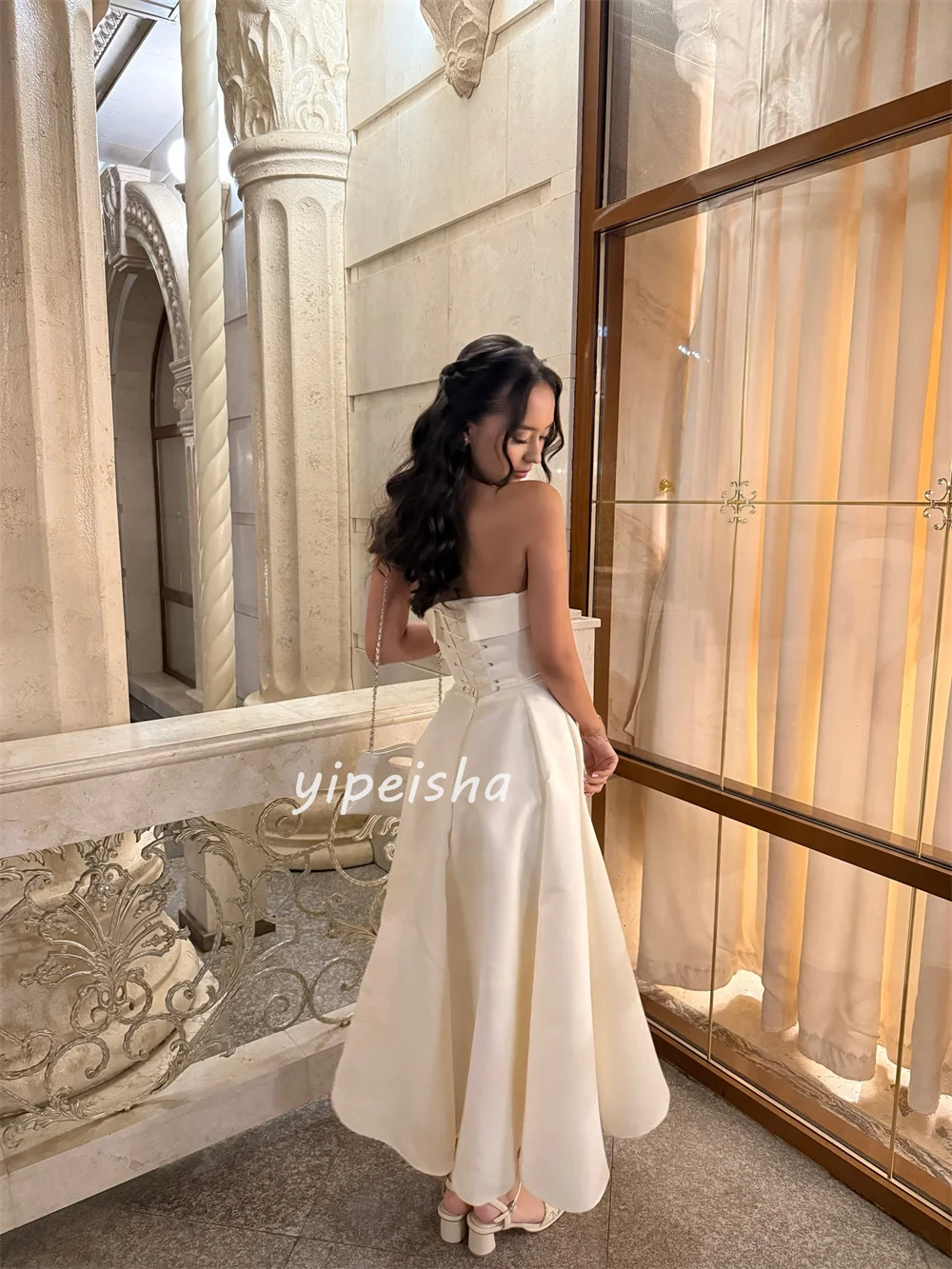 Customized Elegant Simple Charmeuse Ruched A-line Strapless Ankle Length Dresses Bespoke Occasion Dresses Modern Style Matching