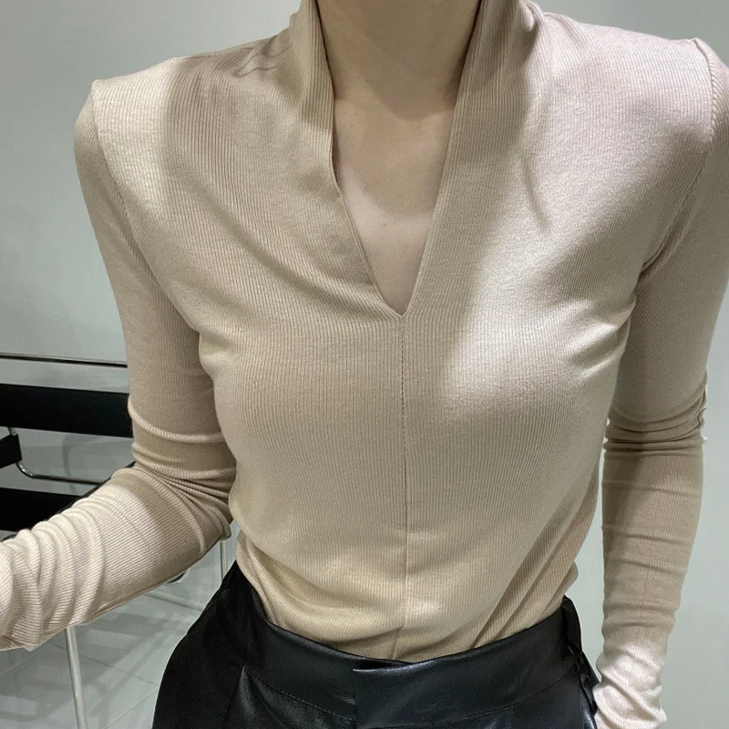 Suéter de punto para mujer, Jersey de manga larga con cuello en V, a la moda, nuevo jersey ajustado sólido que combina con todo, Otoño, 2022