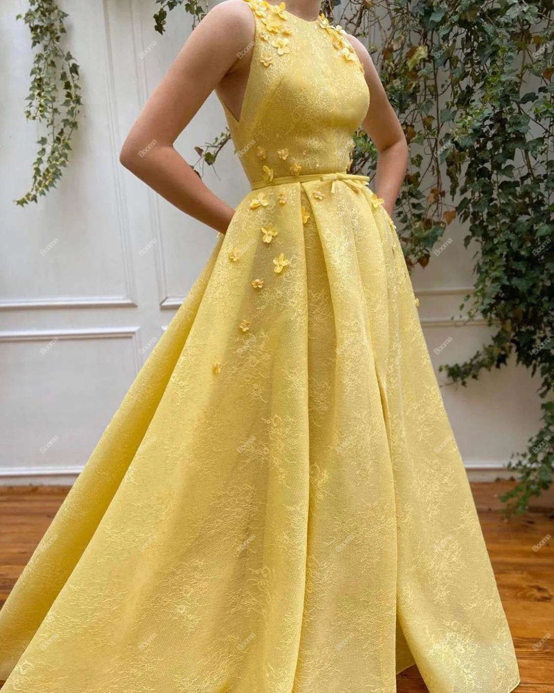 Booma Yellow Lace A-Line Prom Dresses Hatler 3D Flowers Formal Occasion Dresses Long Women\'s Evening Dresses for Party Events