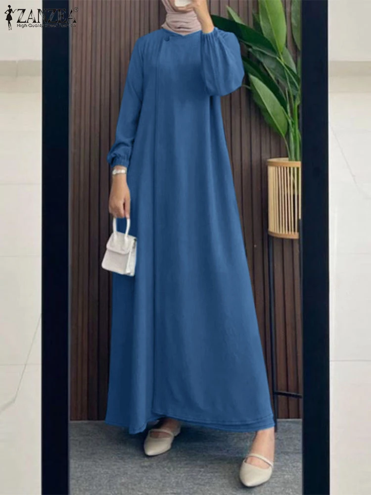 Fashion Muslim Abaya Dress 2024 ZANZEA Autumn Women Elegant Long Lantern Sleeve Solid Robe Dubai Hijab Sundress IsIamic Clothing