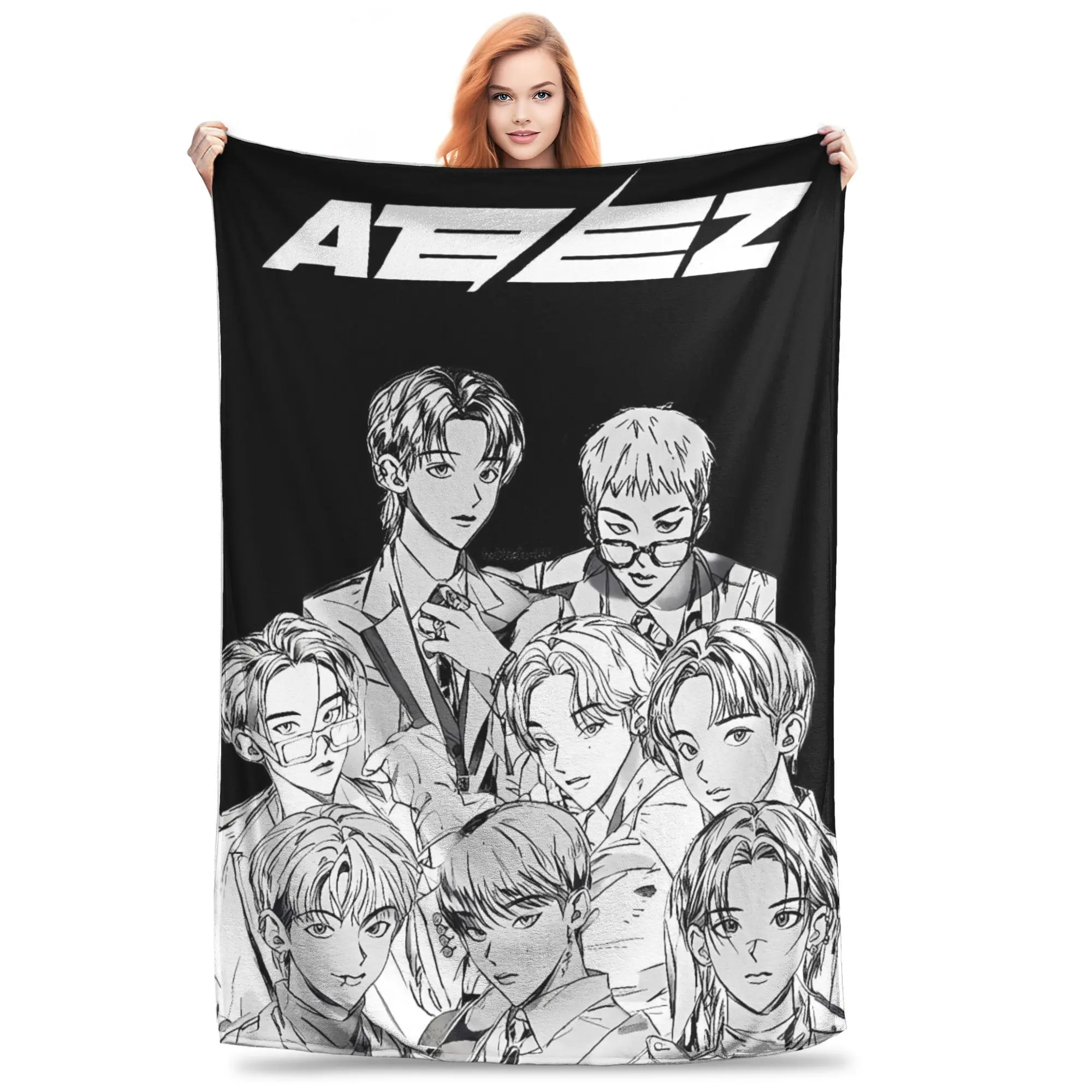 

Soft BlanketGirls Boys Airplane Travel Kpop Ateez Band Bedding Throws Flannel Bedspread For Couch Chair Graphic Sofa Bed Cover