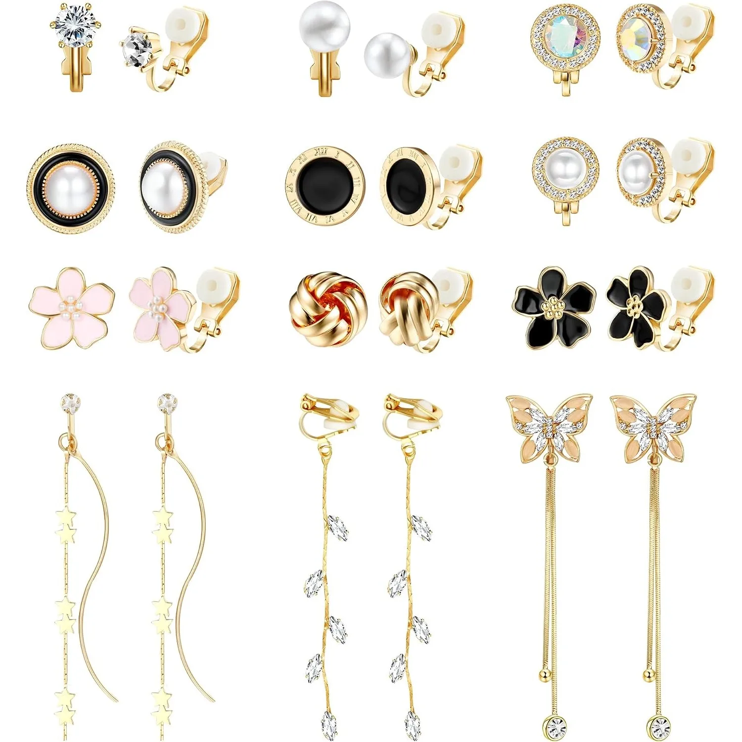 Florideco 12 Pairs Clip On Earrings for Women Non Pierced Earring Clip on Earring Set Round Star Pearl Flower Butterfly Jewelry
