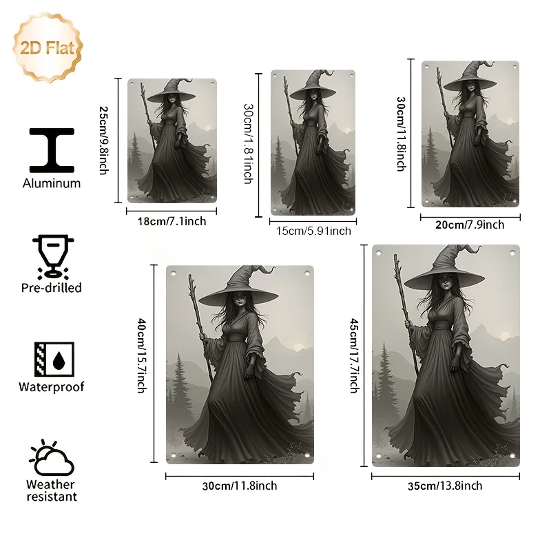 2D Flat - 1pc Two-Dimensional Flat Wall Art Featuring a Witch in a Dark Forest Holding a Staff. This Metal Sign Is Perfect for D
