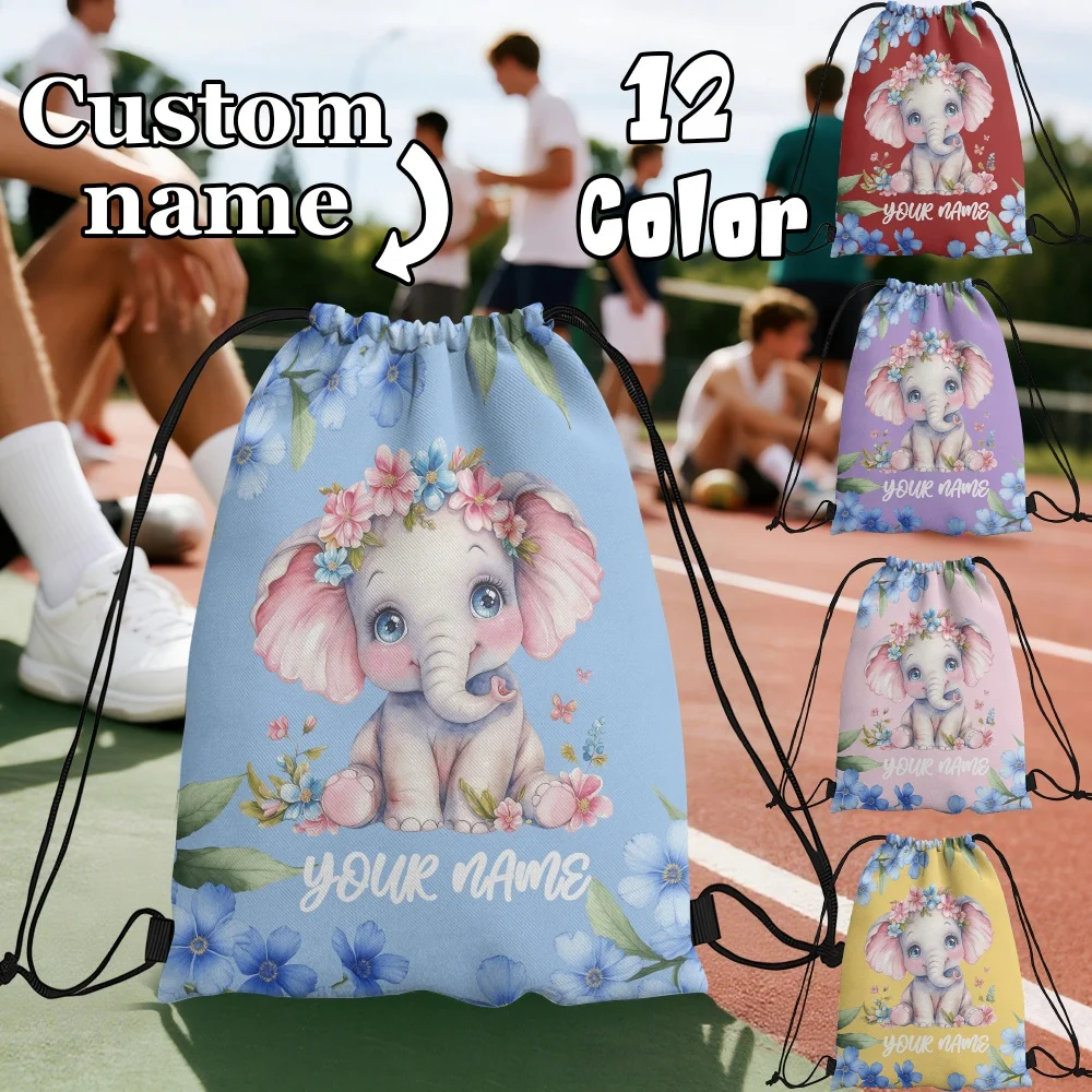 1Pc Custom Name/Text Cute Elephant Pattern Backpack Bag-Personalized Sports Bag Lightweight Travel Gym Sack Storage Bag,12 Color