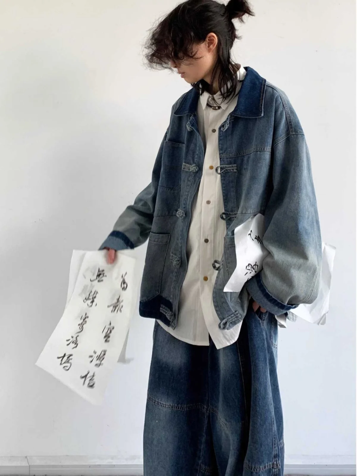 Retro Waed Denim Jaet Loose Fit ex Frühling Herbst Chinesische Nationale Sle Jaet mit Knopfspleißen Trendige Marke