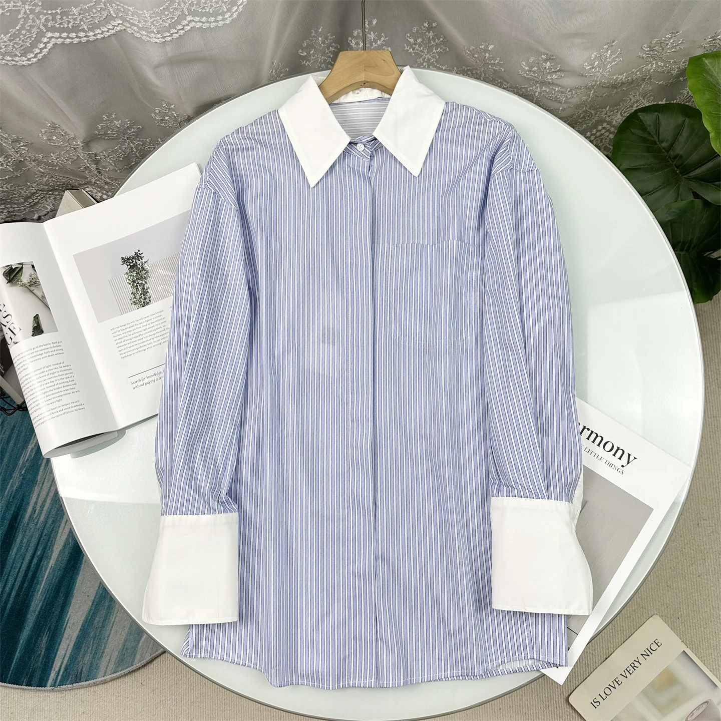 

Blue Striped Color Block Loose Fit Long Sleeve Women's Shirt Design Sensation Slimming Top Spring Commute Style Cotton Polyester