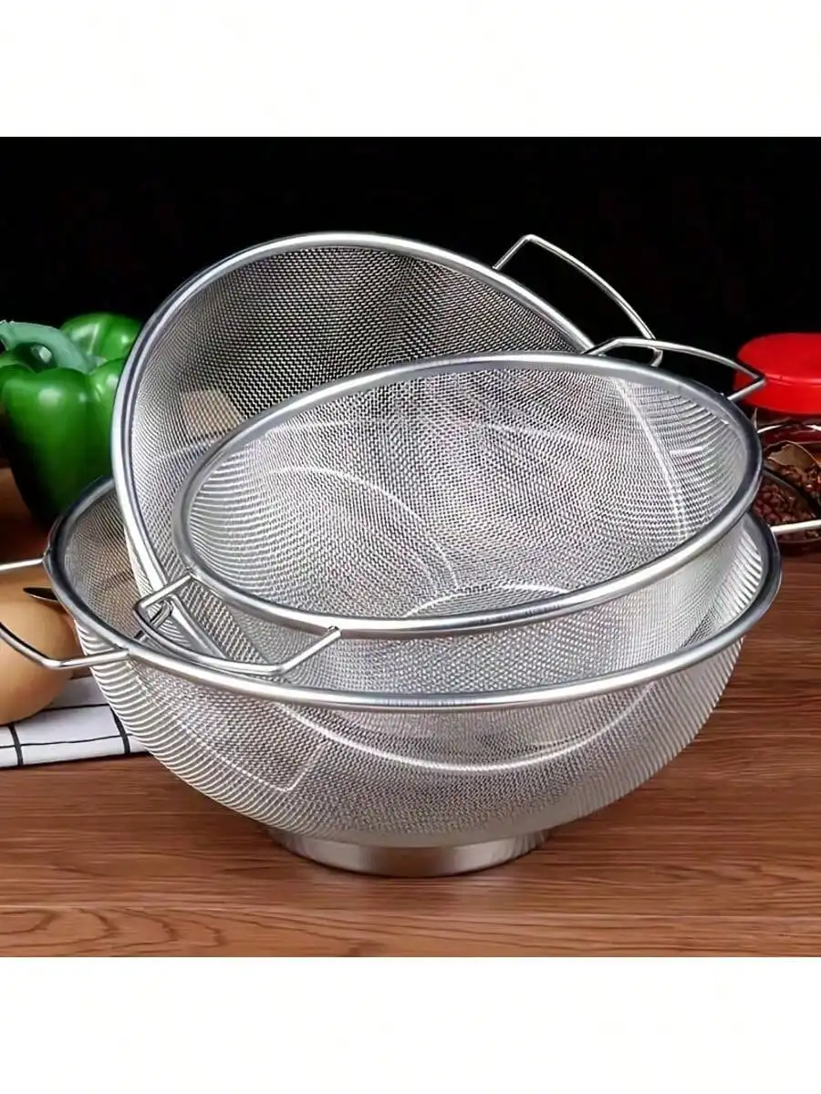 3pcs Stainless Steel Strainer Set With Handle Fine Mesh Metal Screen For Pasta, Vegetables, Rice, Fruits And Food Kitchen Sprayer, Strainer Basket Kitchen Rice Wash Dish Bowl, Kitchen Supplies SH25071897629956407