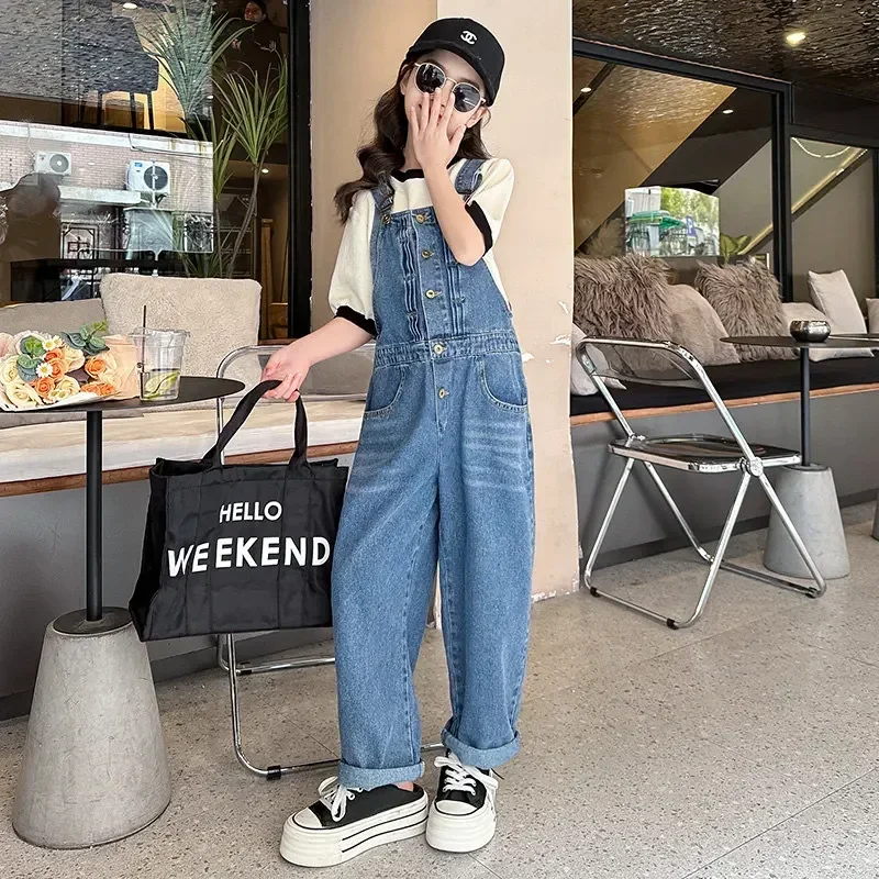 وزرة الصيف للفتيات في سن المراهقة تصميم زر الموضة مع جيب 2023 الكورية الفتيات عادية بذلة عموما 5 7 9 10 11 13 14Years