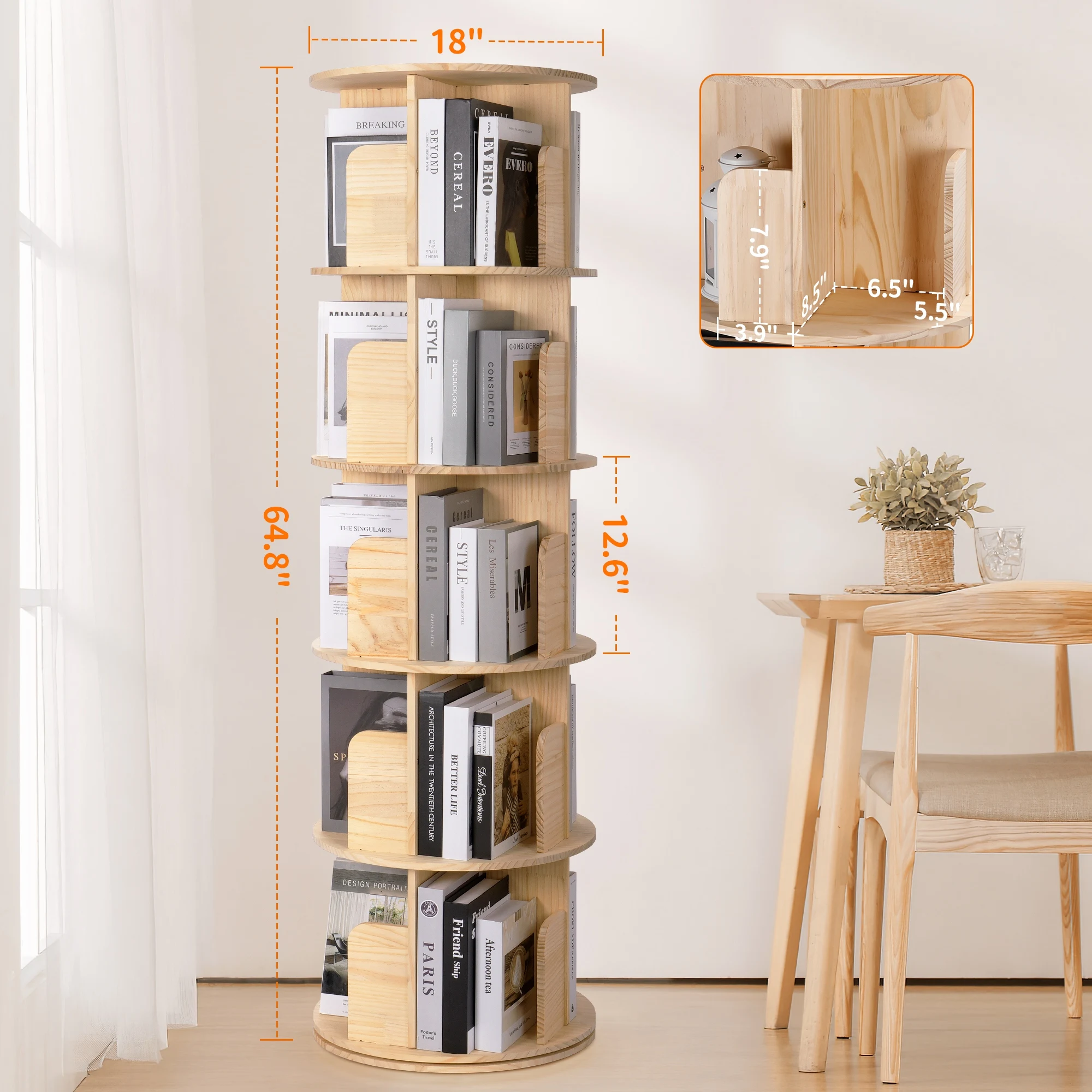

Rotating Bookshelf Tower 5 Tiers Floor Standing Bookcase Storage Rack Round with Detachable Feet for Small Space Bedroom