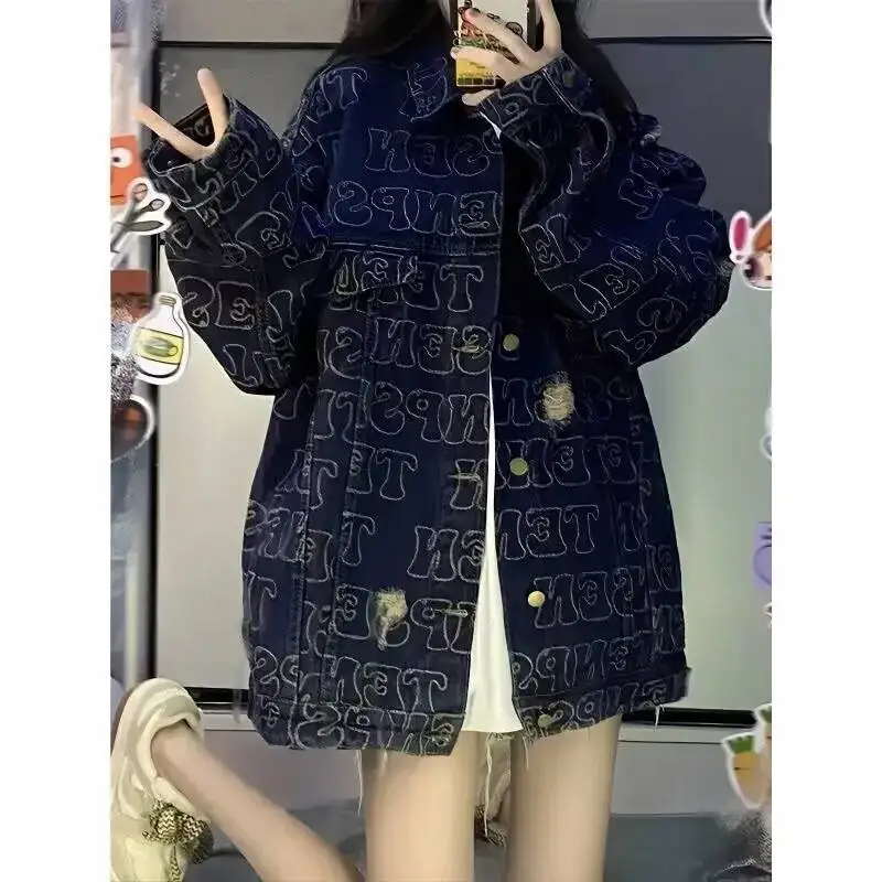 

Loose Fit Korean Style Denim Hot Sale Of The Season New Full Print Logo Hole Design Collar Couple's Jacket Top For Women