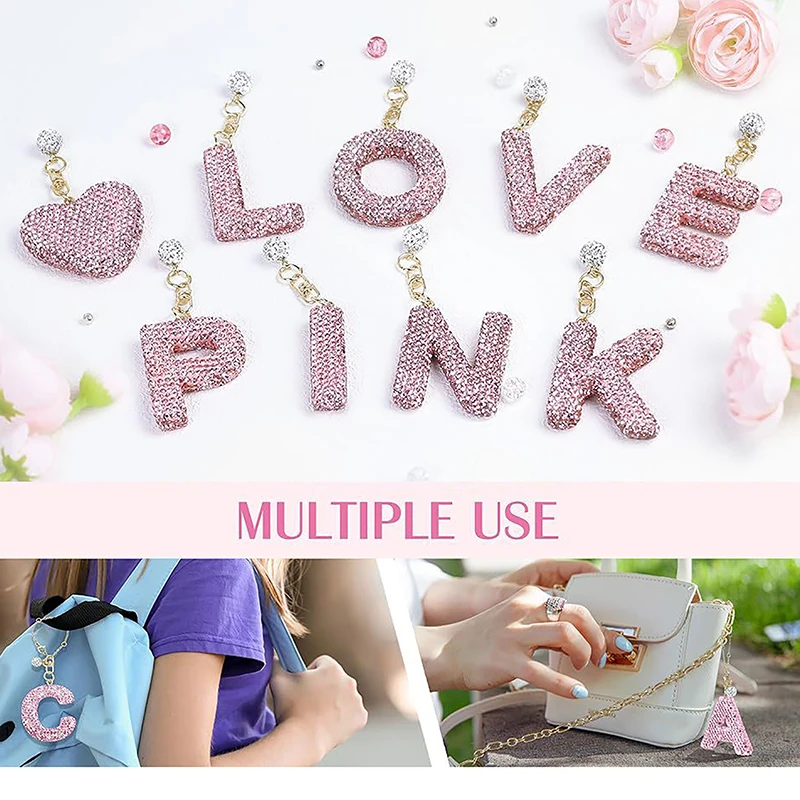 1Pc A-Z Shine Letter Pendant Accessories For Cup Pink Initial ID Keychain Handle Pendant For Girls Water Bottle Car Key Chain