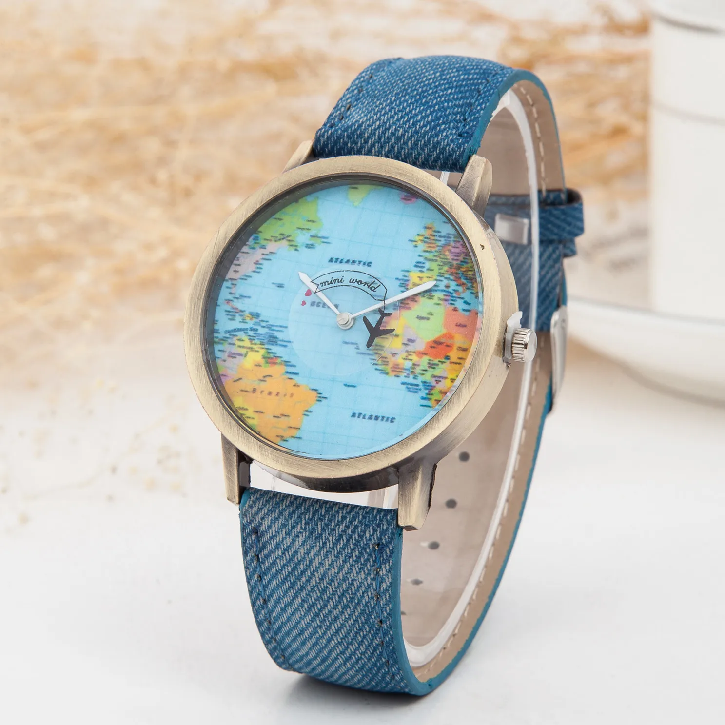 Mode globale Weltkarte Flugzeug Denim Stoff Band Uhren für Männer Frauen Armbanduhren Quarzuhr Geschenk Horloges Relógio