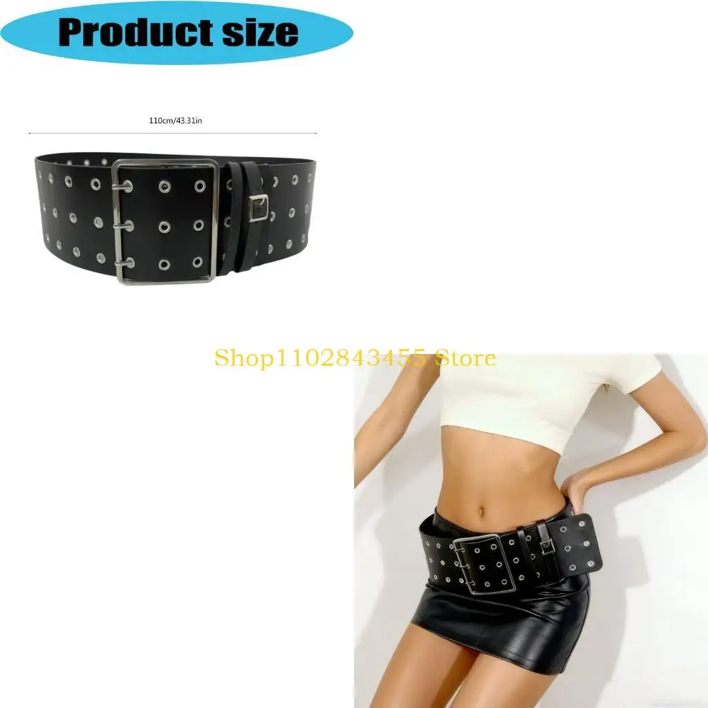 49MC Western Gothic Wide Belt Punk Metal Eyelet Hollow Design Faux Leather Accessory