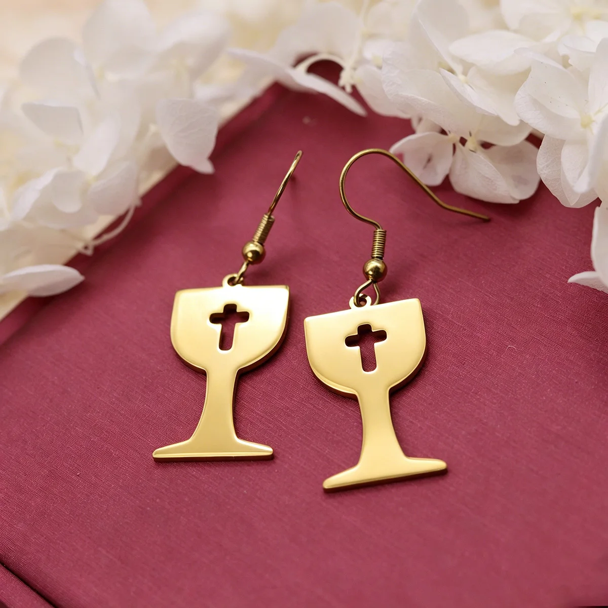 QIAMNI Stainless Steel Wine Glass Dangle Earrings Award Cup Cross Trophy Piercing Drop Earring Birthday Gift Jewelry Accessories