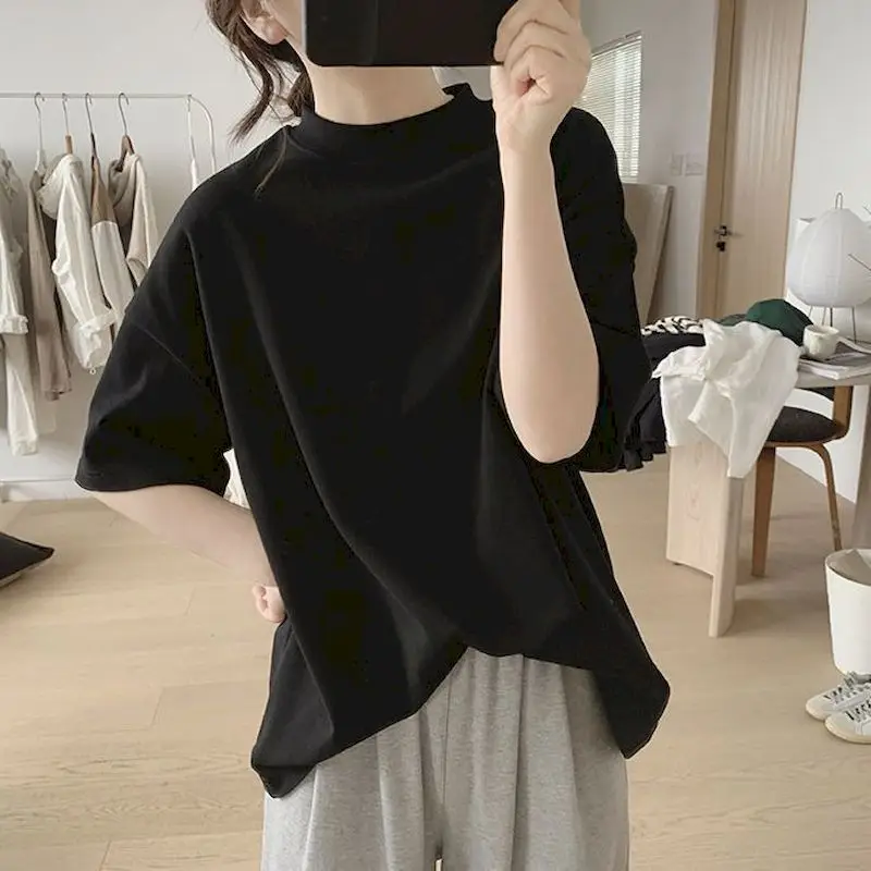 Semi-high Collar T-shirt Women Casual Simple Short Sleeve Top Spring Summer Trend Loose Thin T Shirt Korean Style Vintage Tshirt