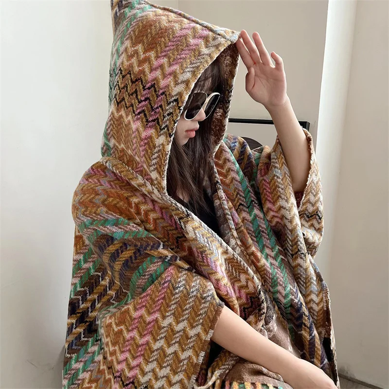 2024 Knitted Cloak Coat Women\'s Cape Sweater Autumn Winter Thicken Retro Ethnic Style Hooded Mantle Wave Lattice Tassels Cloak