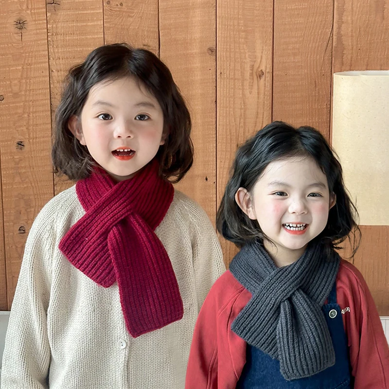 Solid Color Woolen Knit Scarf for Children Cross Neckerchief Fashion Kids Scarves Boy Girl Winter Warm Neck Covers Baby Scarves