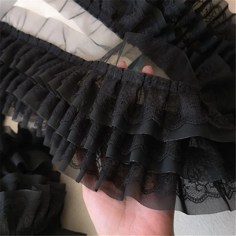 11CM Wide Three Layers Chiffon Pleated Lace Fabric Embroidery Fringe Ribbon Dress Curtain Hemlines Ruffle Trim DIY Sewing Decor