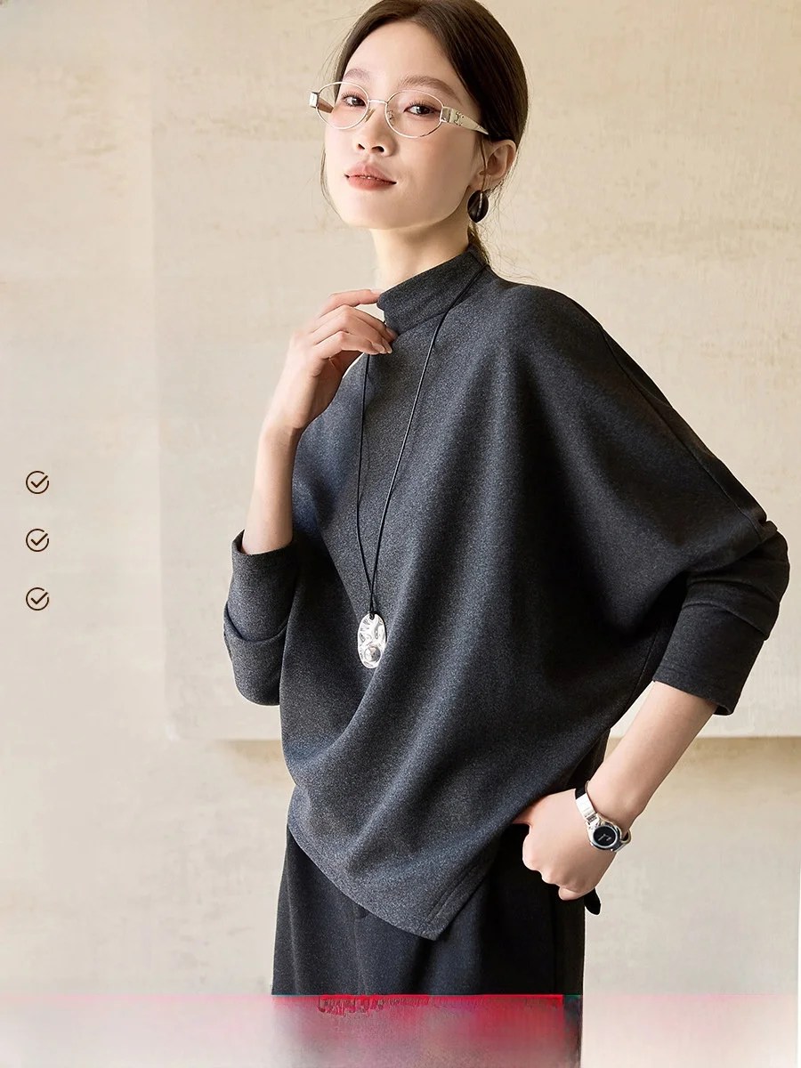 

Футболка Row Sle Deconstructed Wool Blend Long Sve с высоким воротником Batwing Sve Base Layer irt Soft Comfortable Korean...