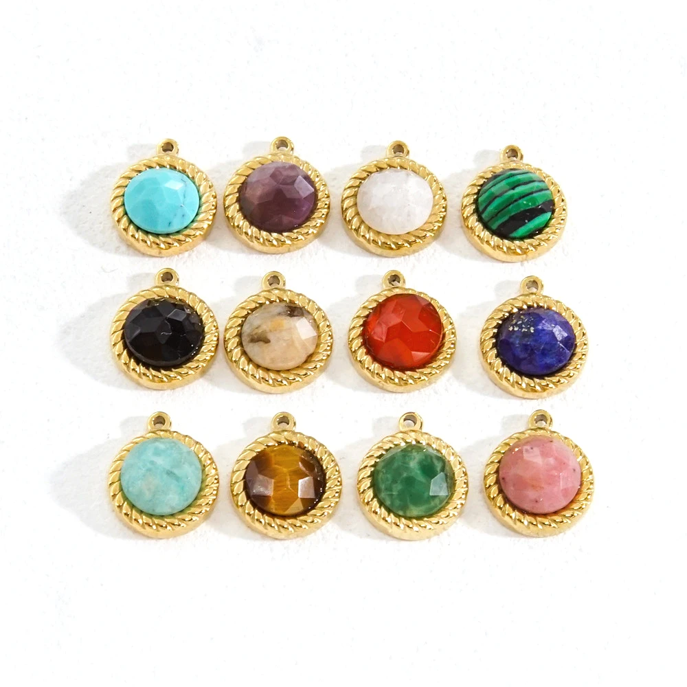 

3Pcs Stainless Steel Vintage Colorful Cut Natural Stone Round Charms for DIY Jewelry Necklace Making