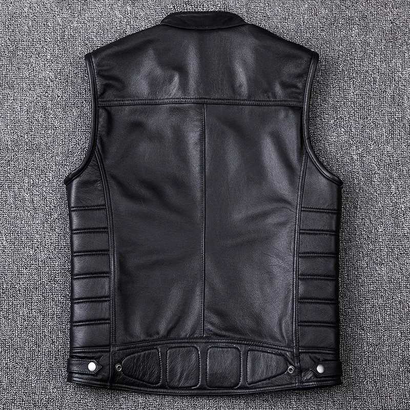 2021 New Genuine Cowhide Leather Vest Men's Motorcycle Biker Vests High Quality Stand Collar Sleeveless Jackets Zipper Waistcoat