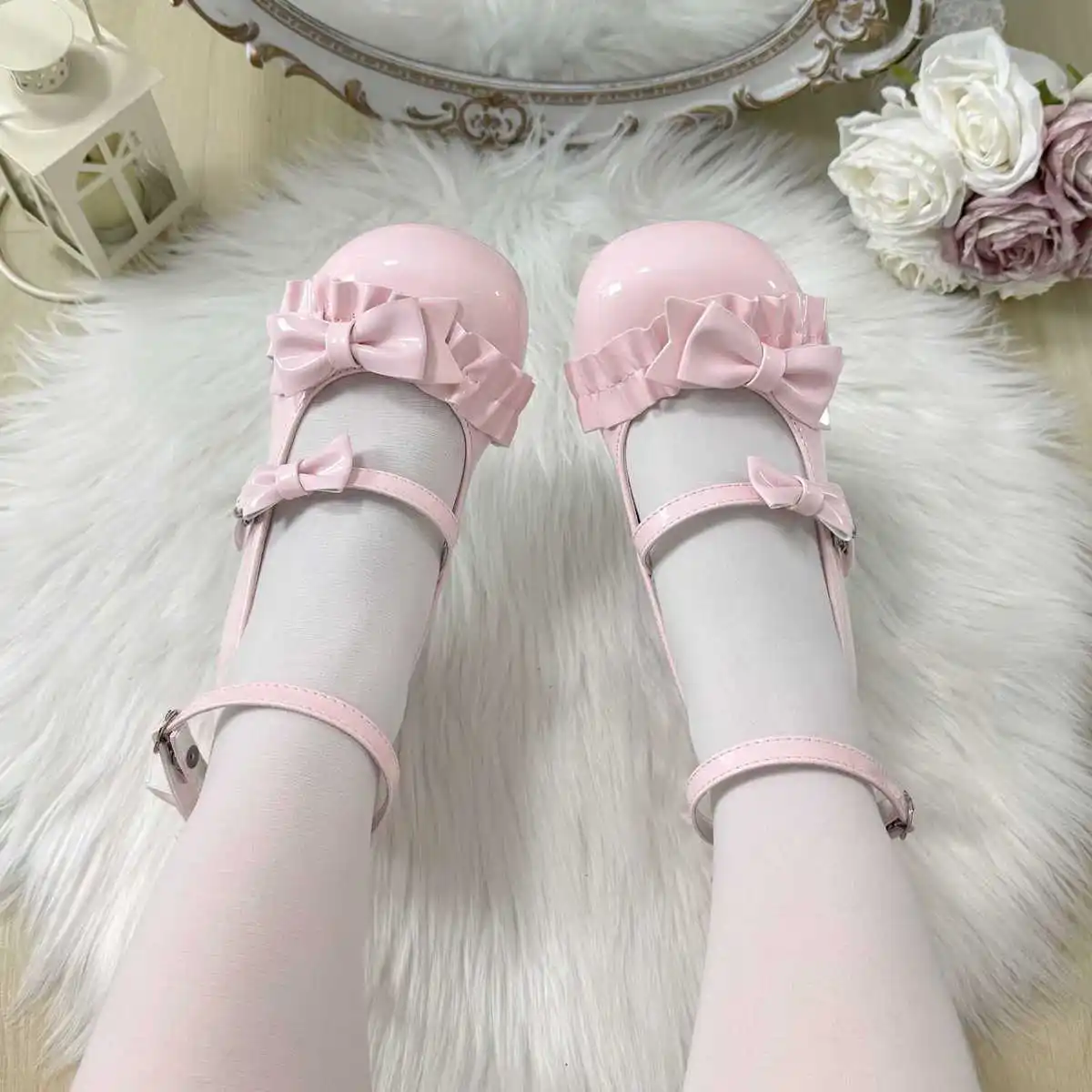 

Туфли Мэри Джейн в стиле Лолиты, туфли-лодочки на низком каблуке с милым бантом и круглым носком, летние розовые кожаные элегантные туфли на платформе на плоской подошве