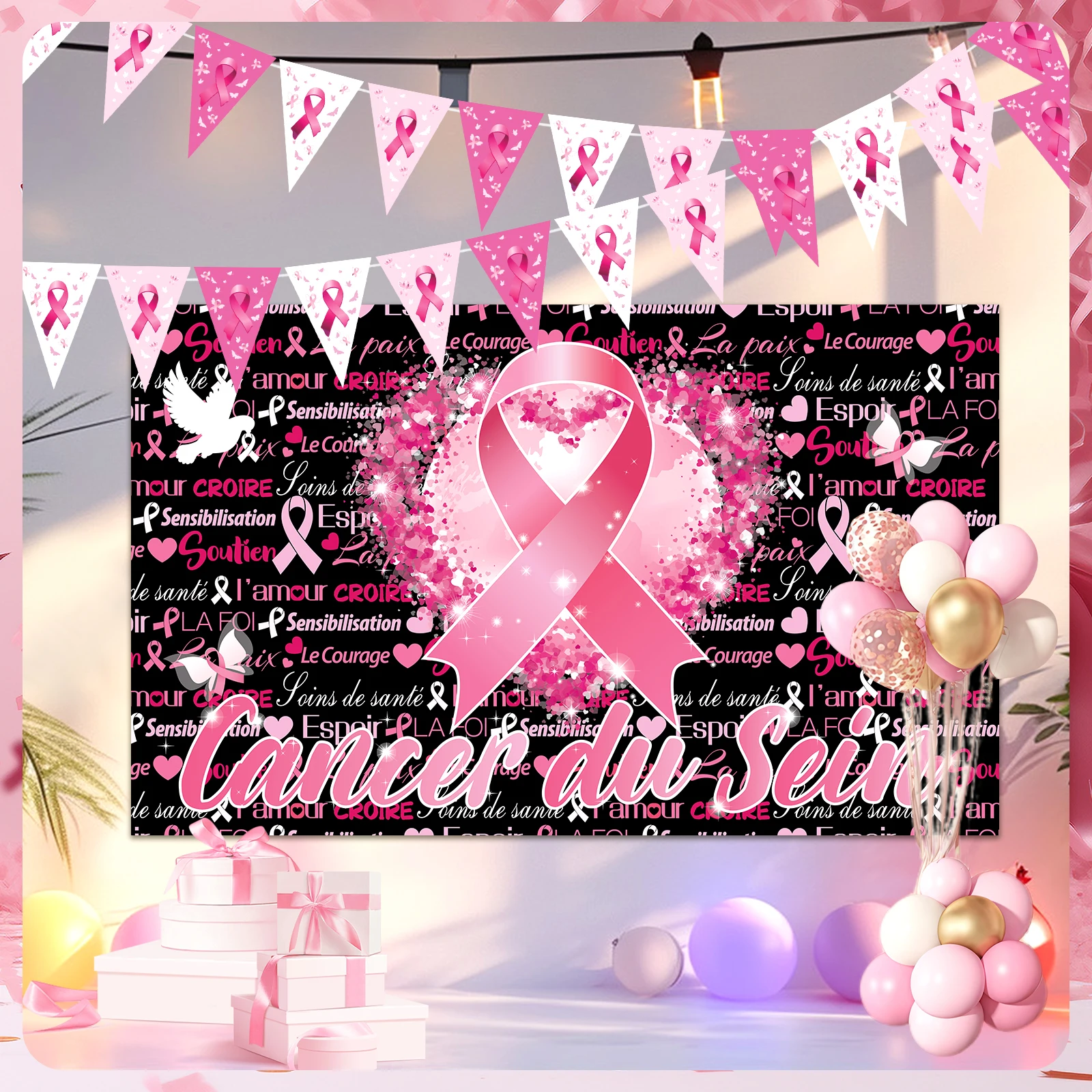 Spanduk Kesadaran Kanker Payudara, Pita Oktober Merah Muda, Latar Belakang, Harapan, Iman, Kekuatan, Keberanian, Bendera Segitiga, Dekorasi Untuk Kesehatan