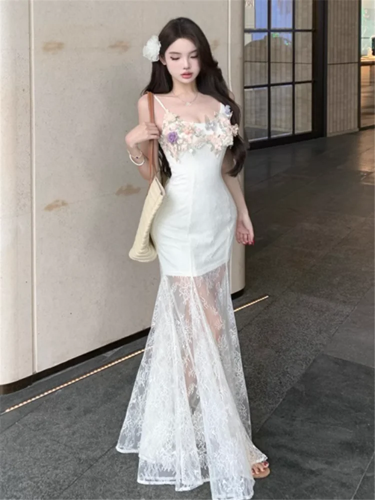 Flower Lace Mesh Patchwork Holiday Long Party Dress New Summer Women Fashion V Neck Sleeveless Seaside Beach Camis Slip Dress