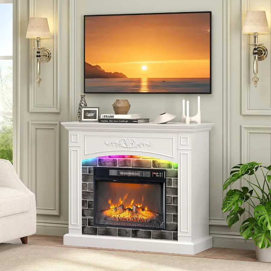 

43'' Fireplace TV Stand for up to 55 inch TVs Electric Fireplace with Mantel Modern Entertainment Center with Adjustable LED Li
