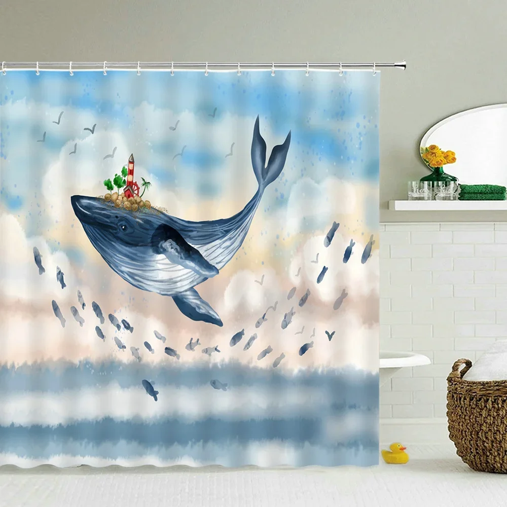 Fun Cartoon Sea Animal Shower Curtain, Sea Turtle Octopus Jellyfish Whale Crab Sea Life Landscape, Bathroom Shower Curtain Set