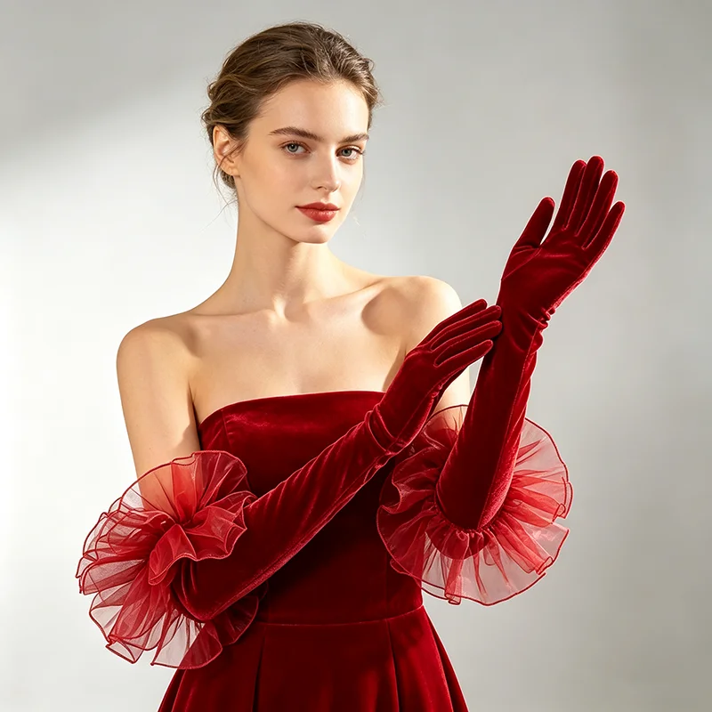 Women Elegant Fashion Velvet With Organza Ruffles Solid Color Hand Sleeve Long Gloves  Bridal Wedding Dress Etiquette Sexy Party