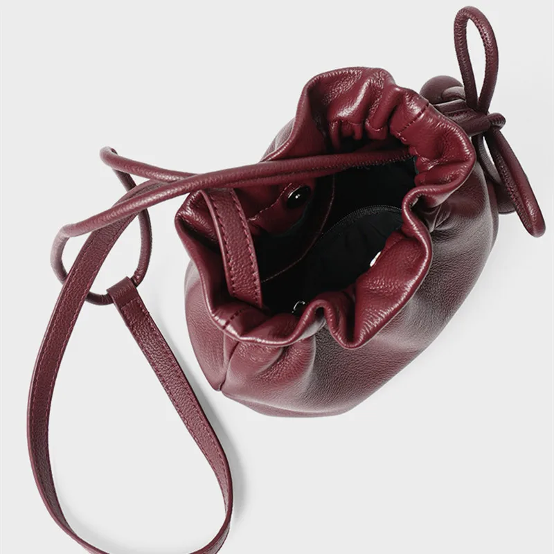New Luxury Maroon Small Drawstring Bucket Bag Women Quilted Real Cowskin Leather Female Shoulder Bag String Close Gift Pouch