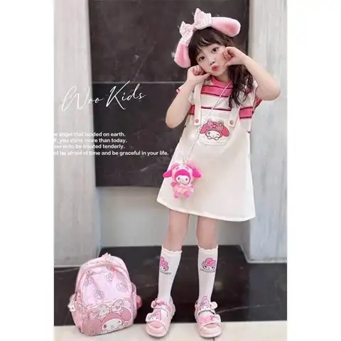 Kuromi Girl 가짜 2Pcs 어깨 스커트 Sanrio 어린이 여름 새로운 만화 반팔 스위트 드레스 편안한 카와이 패션