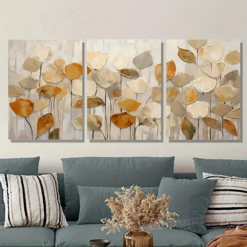 2D Flat Set of 3 2D Canvas Art Prints Featuring Golden Autumn Leaves - Abstract Floral Design in Light Brown And Brown Tones,