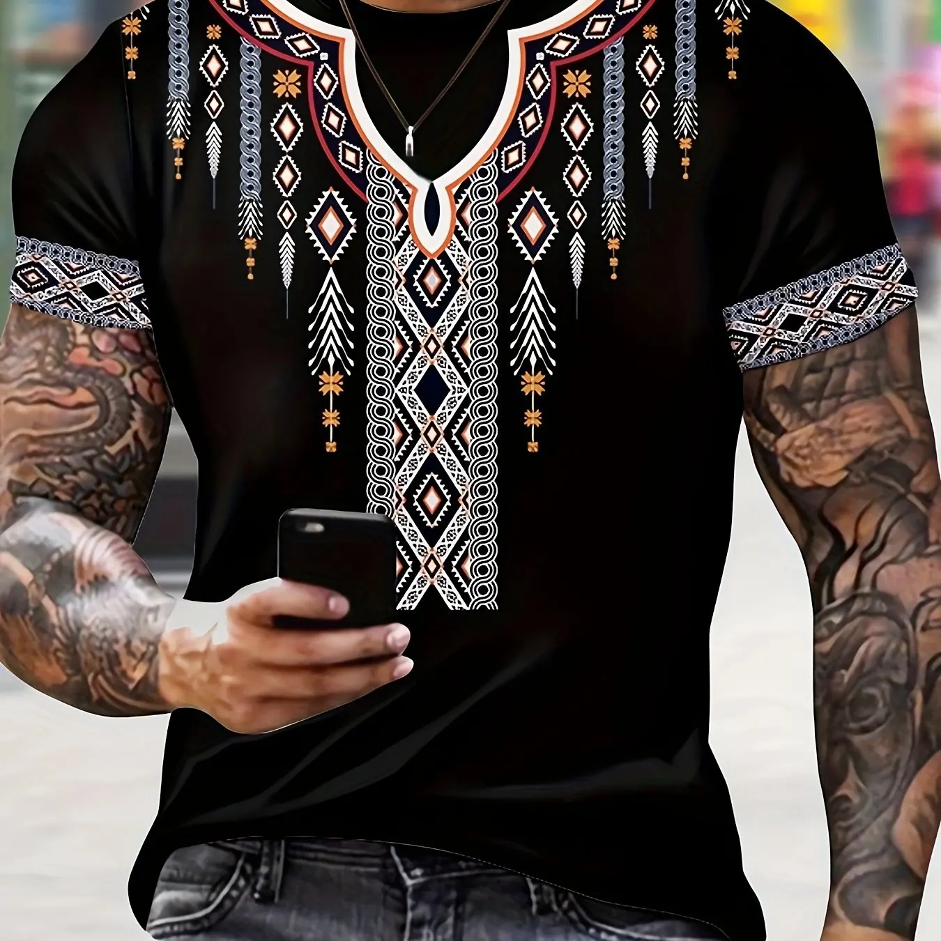 Ethnic Style Pattern Men\'s Creative Digital Print Short Sleeve Crew Neck T-shirt Summer Outdoor Holiday Mens Tshirt Male Top Tee