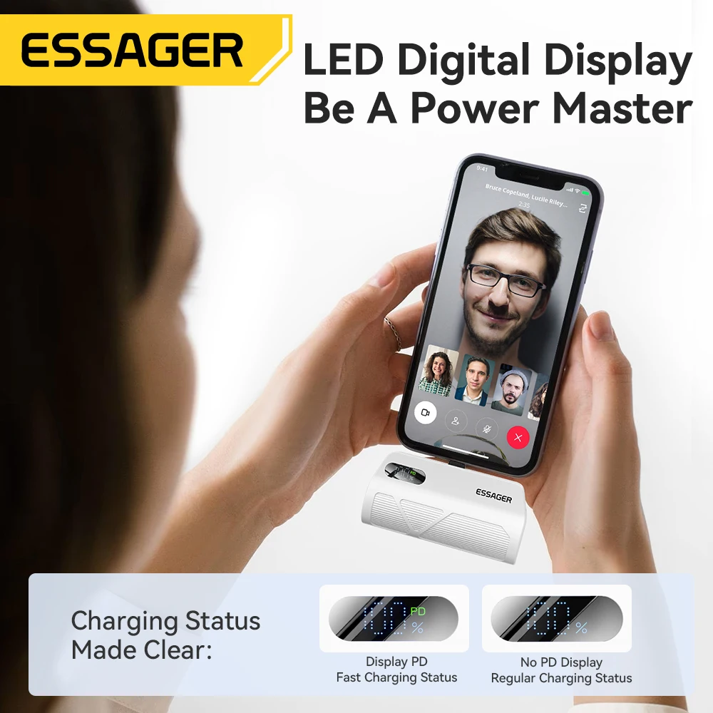 Essager Mini Power Bank 20W 5000mAh Type-C/Lighting Fast Charging External Battery for iPhone 16 15 14 13 Pro Max Samsung Xiaomi