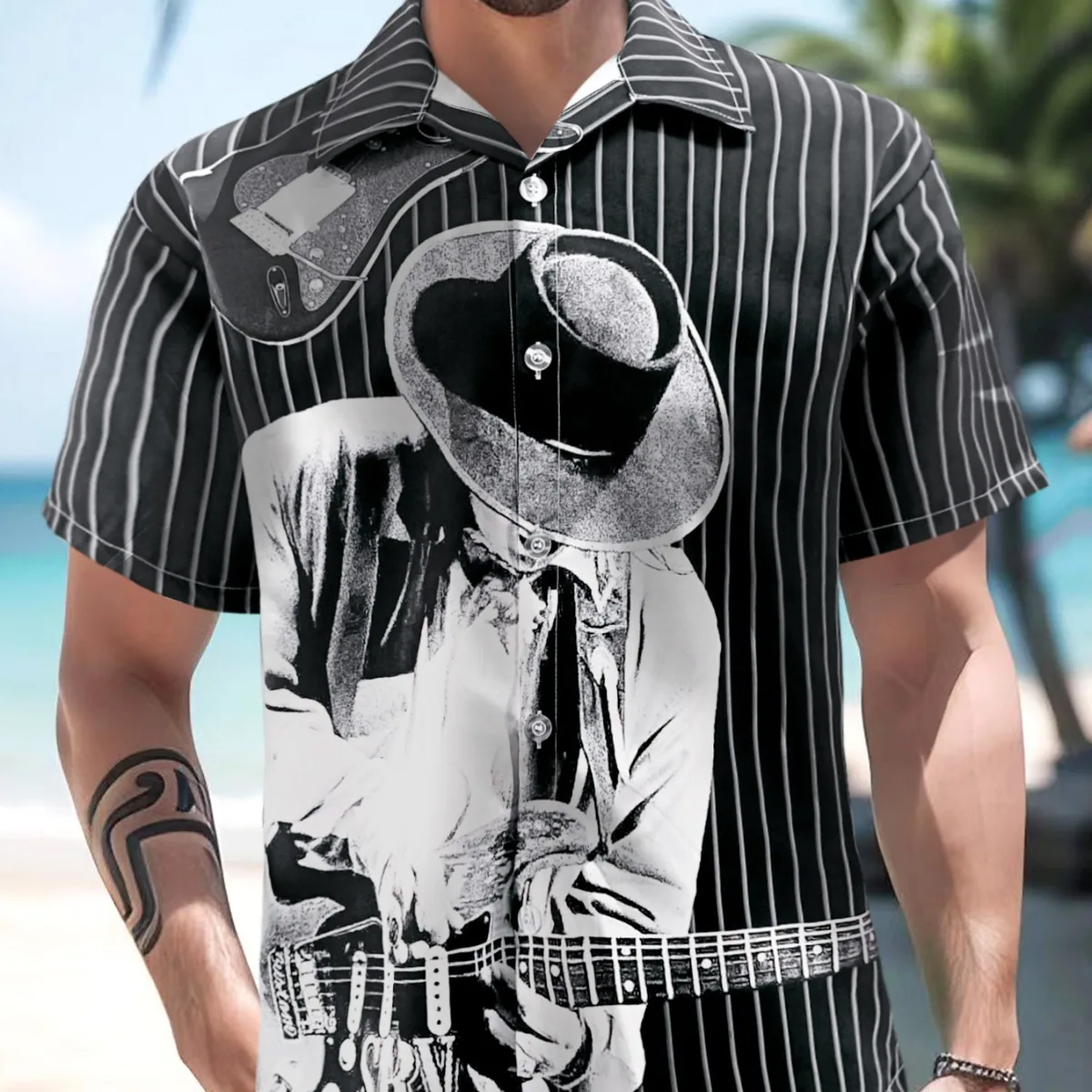 High Quality Summer Hawaiian Shirt Men's Black Striped Loose Beach Vacation Short Sleeve Guitar Singer Printed Shirt US Size