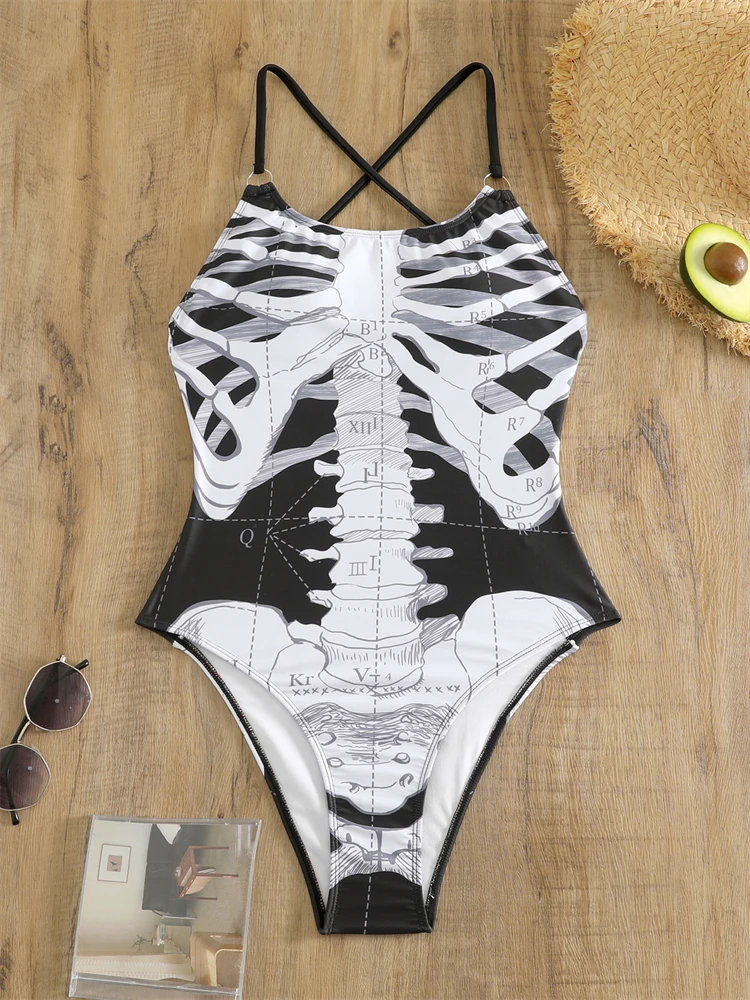 Bañador de una pieza con estampado de hueso para mujer, traje de baño Sexy con Espalda descubierta, Monokini, ropa de playa, 2024