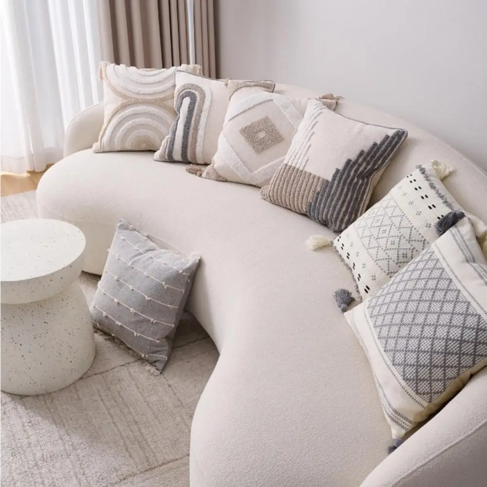 Unique Boho Throw Pillow with Braided Rope Pattern Handmade Tassels Cushion Soft Cotton Linen Textured Cushion for Sofa Bed
